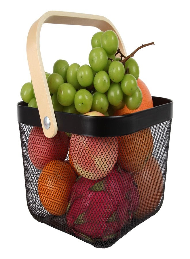 MACOIOR Mesh Steel Harvest Basket with Wood Handle,Hanging Kitchen Baskets Outdoor Basket,Harvest Basket for Garden Vegetables,for Shopping Garden Kitchen Bathroom Home(Black) - Image 1